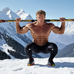 **A skier performing a squat exercise outdoors in a snowy mountain landscape. Focus on muscular legs and core strength.**