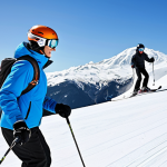 A professional male ski instructor, wearing a modest, modern ski suit and helmet, is patiently guiding a female student on a sunny, well-groomed ski slope. The instructor demonstrates a dynamic carving technique, while the student, also in appropriate, fully clothed ski gear, observes attentively. Snow-capped mountains and a clear blue sky form the background. The scene emphasizes personalized coaching and positive interaction. safe for work, appropriate content, fully clothed, professional, perfect anatomy, correct proportions, natural pose, well-formed hands, proper finger count, natural body proportions, high quality, professional photography.