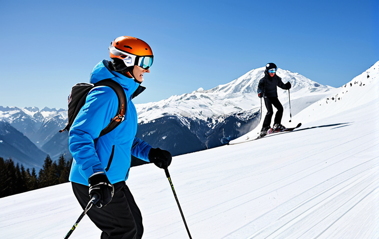 A professional male ski instructor, wearing a modest, modern ski suit and helmet, is patiently guiding a female student on a sunny, well-groomed ski slope. The instructor demonstrates a dynamic carving technique, while the student, also in appropriate, fully clothed ski gear, observes attentively. Snow-capped mountains and a clear blue sky form the background. The scene emphasizes personalized coaching and positive interaction. safe for work, appropriate content, fully clothed, professional, perfect anatomy, correct proportions, natural pose, well-formed hands, proper finger count, natural body proportions, high quality, professional photography.