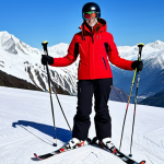 ** A professional female ski instructor, fully clothed in a bright red ski jacket and black ski pants, standing on a snowy slope with skis, smiling confidently, holding ski poles, background of snow-covered mountains, blue sky, safe for work, appropriate content, professional, perfect anatomy, correct proportions, well-formed hands, proper finger count, natural pose, family-friendly.

**