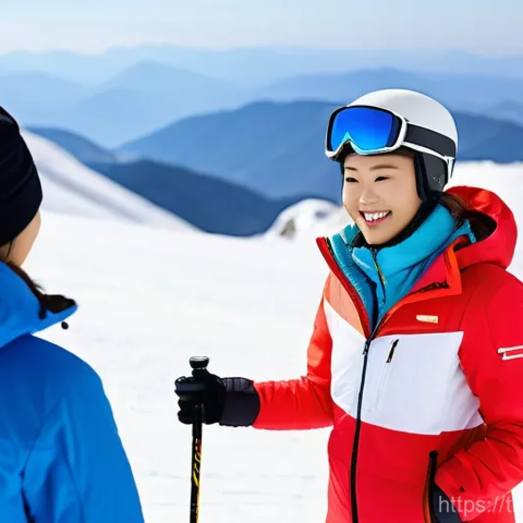 스키 강사의 문화적 차이 이해와 적응 - **A Thai ski instructor teaching a diverse group, focusing on respectful interaction and body langua...