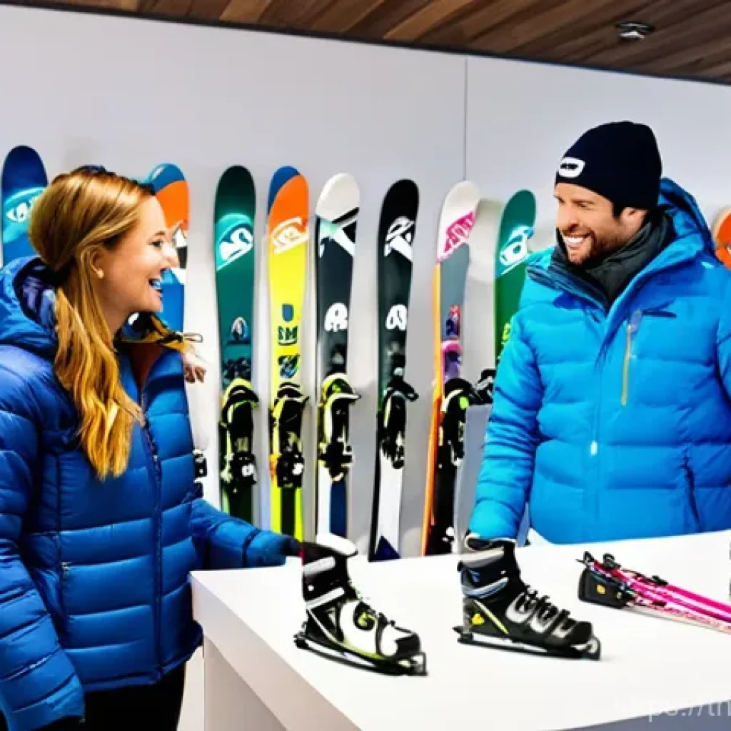 스키 강사의 장비 렌탈 고객 관리 - **Prompt 1: Personalized Ski Rental Experience**
    A brightly lit, modern ski rental shop interior...