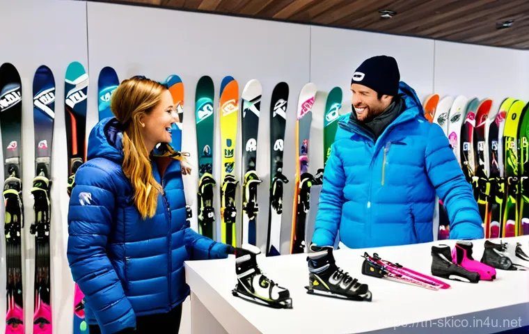 스키 강사의 장비 렌탈 고객 관리 - **Prompt 1: Personalized Ski Rental Experience**
    A brightly lit, modern ski rental shop interior...