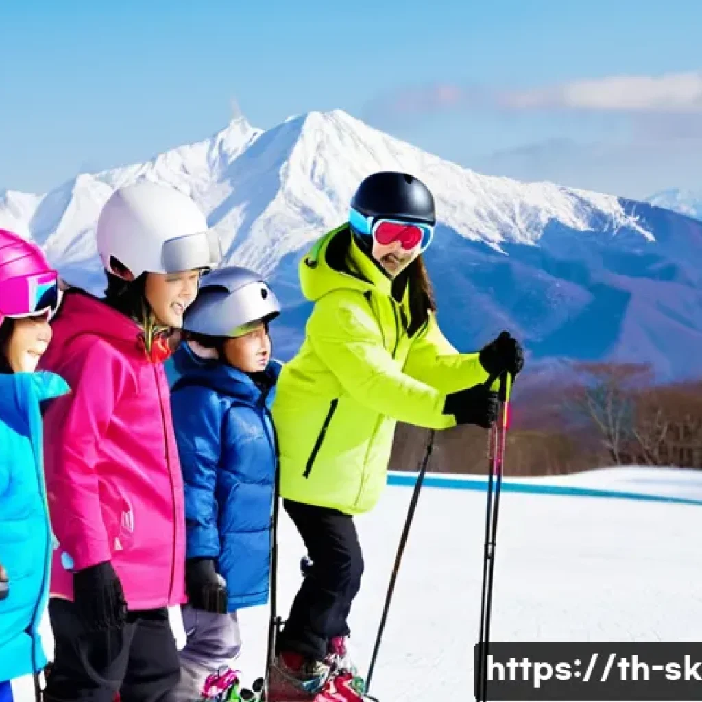 스키 강사 직업의 장점과 단점 - **Prompt:** "A young Thai woman is teaching a group of children how to ski on a sunny slope in Hokka...