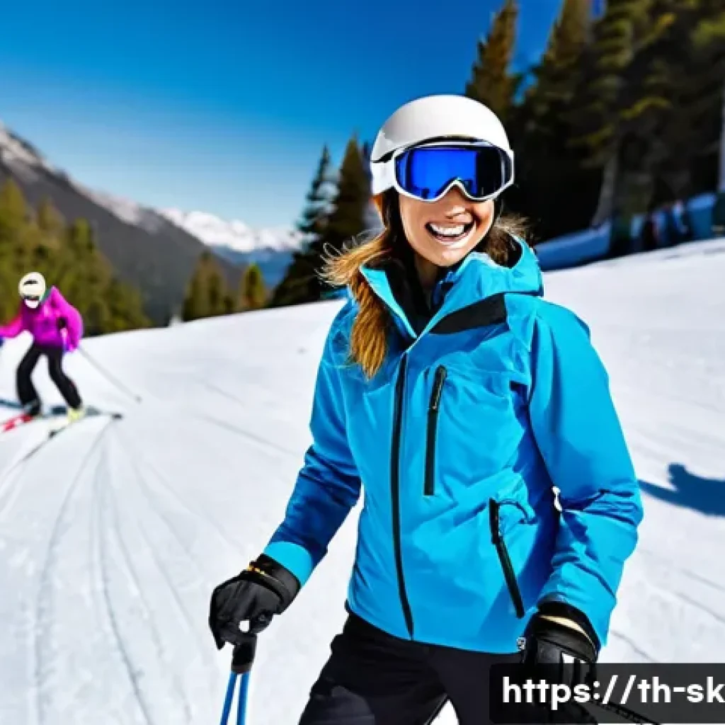 스키 강사의 자격 시험 준비 방법 - **A female ski instructor leading a group lesson on a sunny mountain slope.**
    *   **Description:...