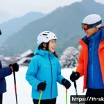 스키 강사의 동기부여 사례 공유 - A warm and encouraging ski instructor gently guiding a diverse group of beginner skiers on a snowy s...