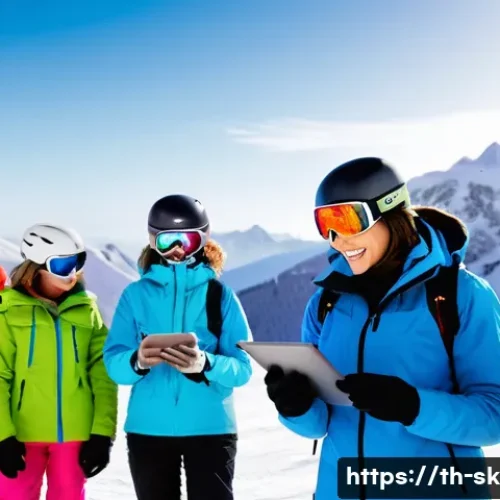 스키 강사의 강의 효과 분석 사례 - A diverse group of adult ski learners on a snowy mountain slope, wearing colorful insulated ski jack...