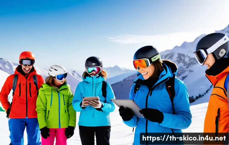 스키 강사의 강의 효과 분석 사례 - A diverse group of adult ski learners on a snowy mountain slope, wearing colorful insulated ski jack...