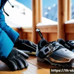 스키 강사의 시즌 준비 체크리스트 - A detailed close-up scene of a ski instructor carefully inspecting ski equipment before the season s...