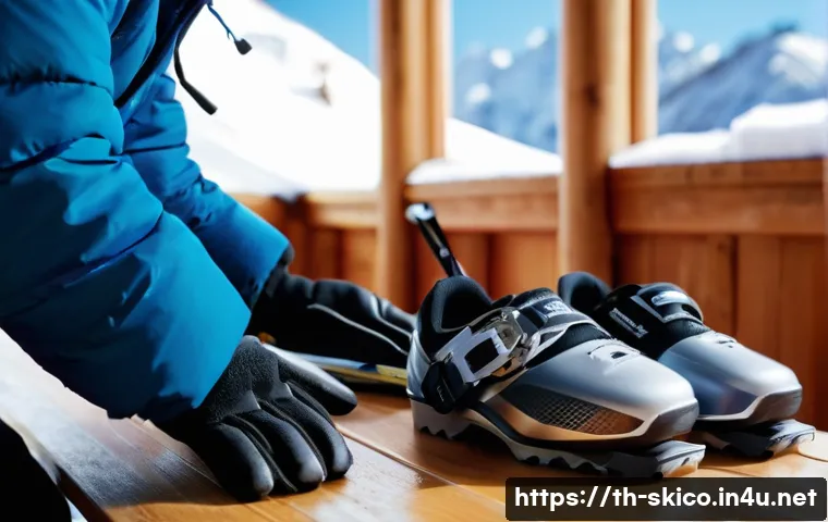 스키 강사의 시즌 준비 체크리스트 - A detailed close-up scene of a ski instructor carefully inspecting ski equipment before the season s...