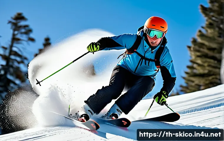 스키 강사의 고급자 트레이닝 방법 - A professional skier practicing advanced carving technique on a steep snowy mountain slope in Colora...
