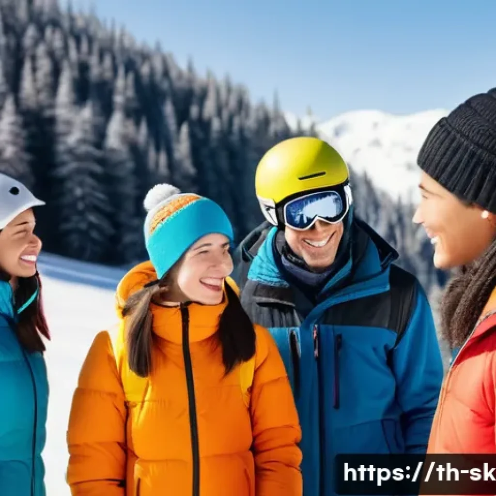 스키 강사의 고객 중심 강의 전략 - A friendly ski instructor attentively listening to a diverse group of adult students on a snowy moun...