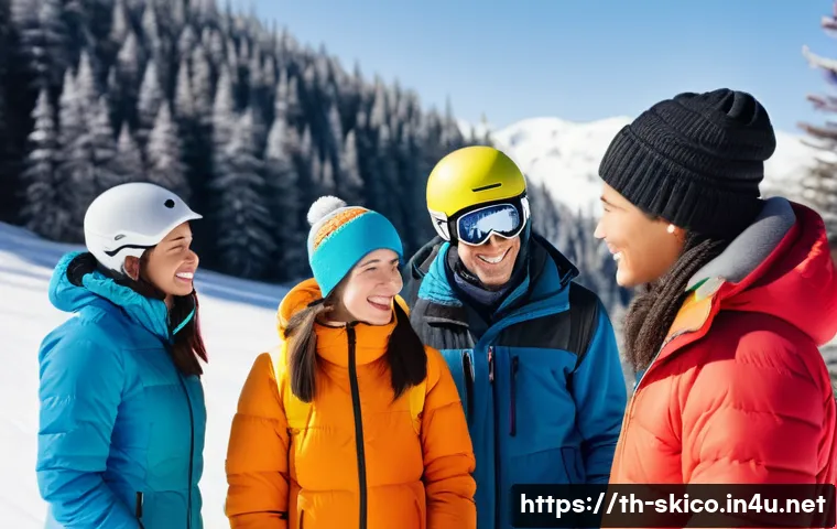 스키 강사의 고객 중심 강의 전략 - A friendly ski instructor attentively listening to a diverse group of adult students on a snowy moun...