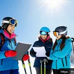 스키 강사의 고객 만족도 조사 - A professional ski instructor attentively observing a diverse group of adult learners on a snowy mou...