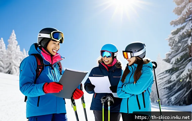 스키 강사의 고객 만족도 조사 - A professional ski instructor attentively observing a diverse group of adult learners on a snowy mou...