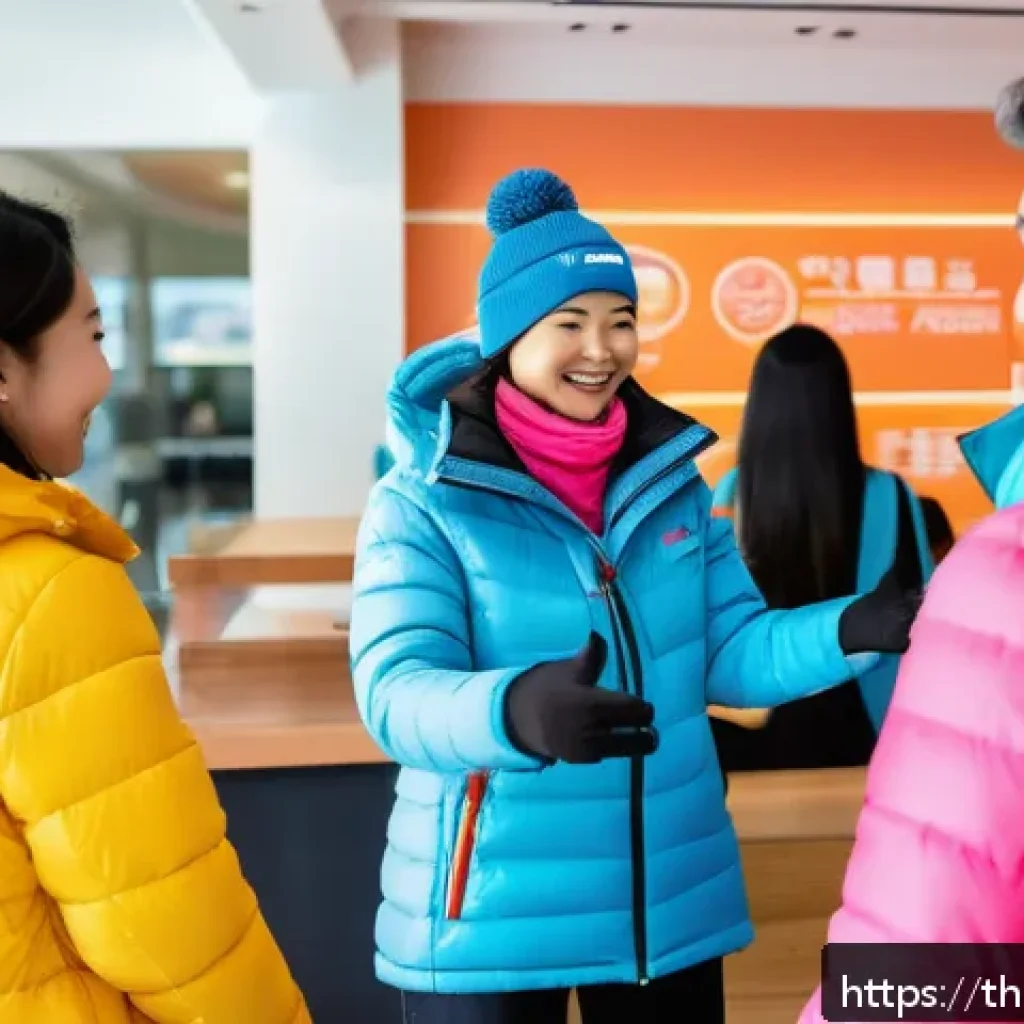 스키 강사의 고객 유형 분석 방법 - A friendly ski instructor warmly welcoming a diverse group of beginner Thai customers at a modern sk...