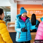 스키 강사의 고객 유형 분석 방법 - A friendly ski instructor warmly welcoming a diverse group of beginner Thai customers at a modern sk...