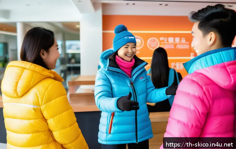 스키 강사의 고객 유형 분석 방법 - A friendly ski instructor warmly welcoming a diverse group of beginner Thai customers at a modern sk...