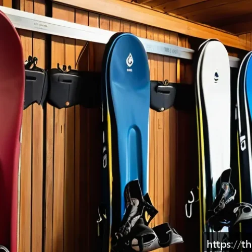 스키 강사의 장비 관리 비법 - A detailed, realistic scene of a ski equipment storage room in a modern Thai home, showing skis care...