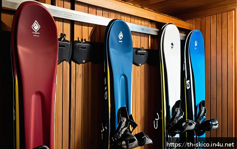 스키 강사의 장비 관리 비법 - A detailed, realistic scene of a ski equipment storage room in a modern Thai home, showing skis care...