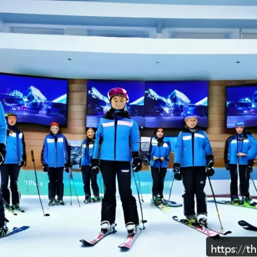 스키 강사의 국제 대회 참여 사례 - A detailed indoor ski training facility in Thailand, featuring Thai ski instructors guiding young ad...
