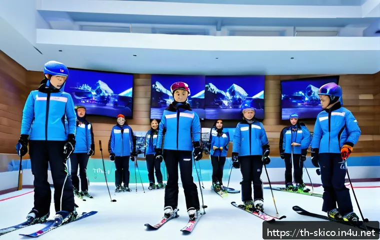 스키 강사의 국제 대회 참여 사례 - A detailed indoor ski training facility in Thailand, featuring Thai ski instructors guiding young ad...