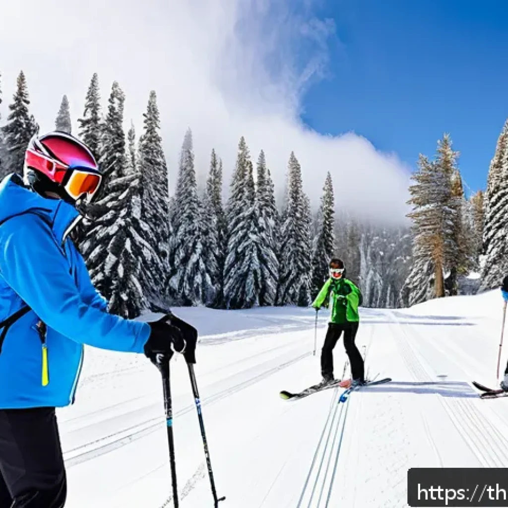 스키 강사의 강의 효과 분석 - A professional ski instructor wearing a bright blue insulated jacket and ski pants, demonstrating pr...