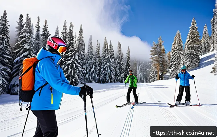 스키 강사의 강의 효과 분석 - A professional ski instructor wearing a bright blue insulated jacket and ski pants, demonstrating pr...