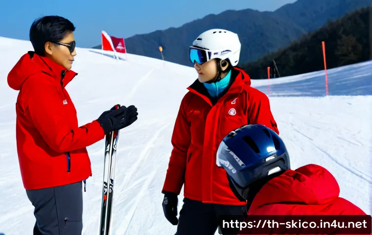 스키 강사의 스키장 안전 관리 - Photorealistic wide shot of a Thai ski instructor in a bright red insulated jacket and helmet conduc...