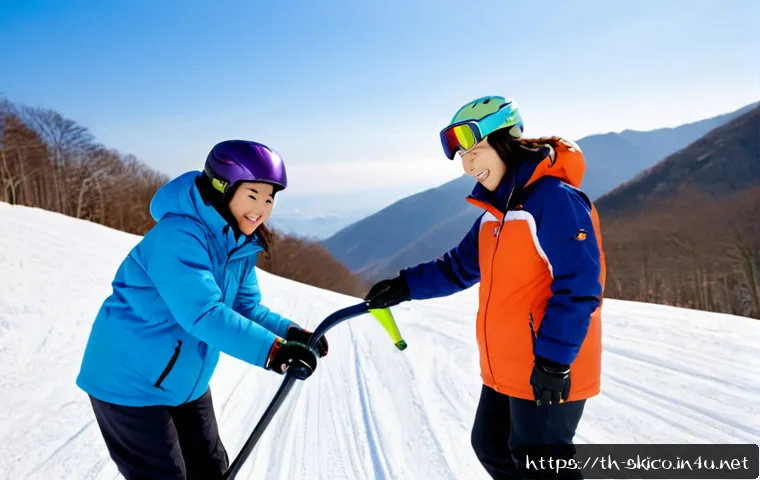 스키 강사의 고객 만족 사례 - Photorealistic winter scene at a Thai-friendly ski resort in Hokkaido, a cheerful Thai family in col...