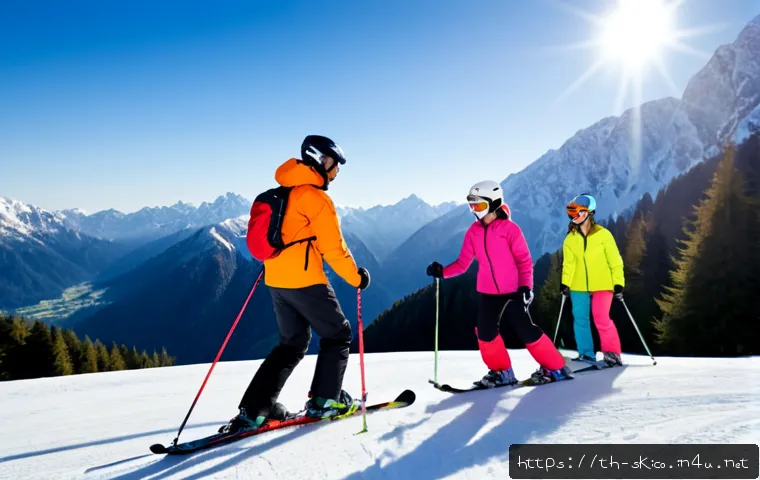 Home 17 스키 강사의 리더십 스킬 개발 - Photorealistic Thai ski instructor leading a small group of adult beginner skiers on a wide alpine s...
